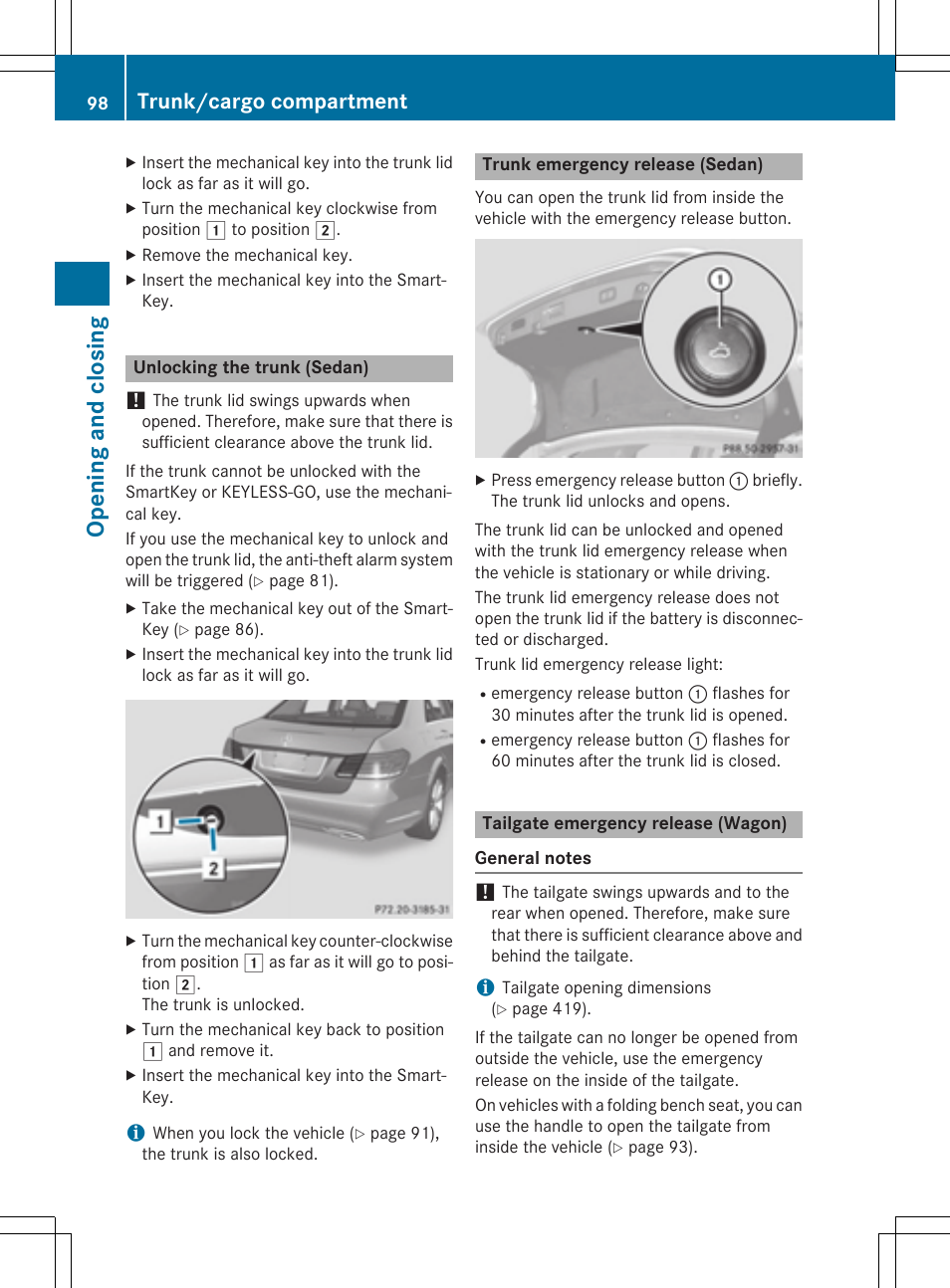 Opening and closing, Trunk/cargo compartment | Mercedes-Benz E-Wagon 2015 User Manual | Page 100 / 426