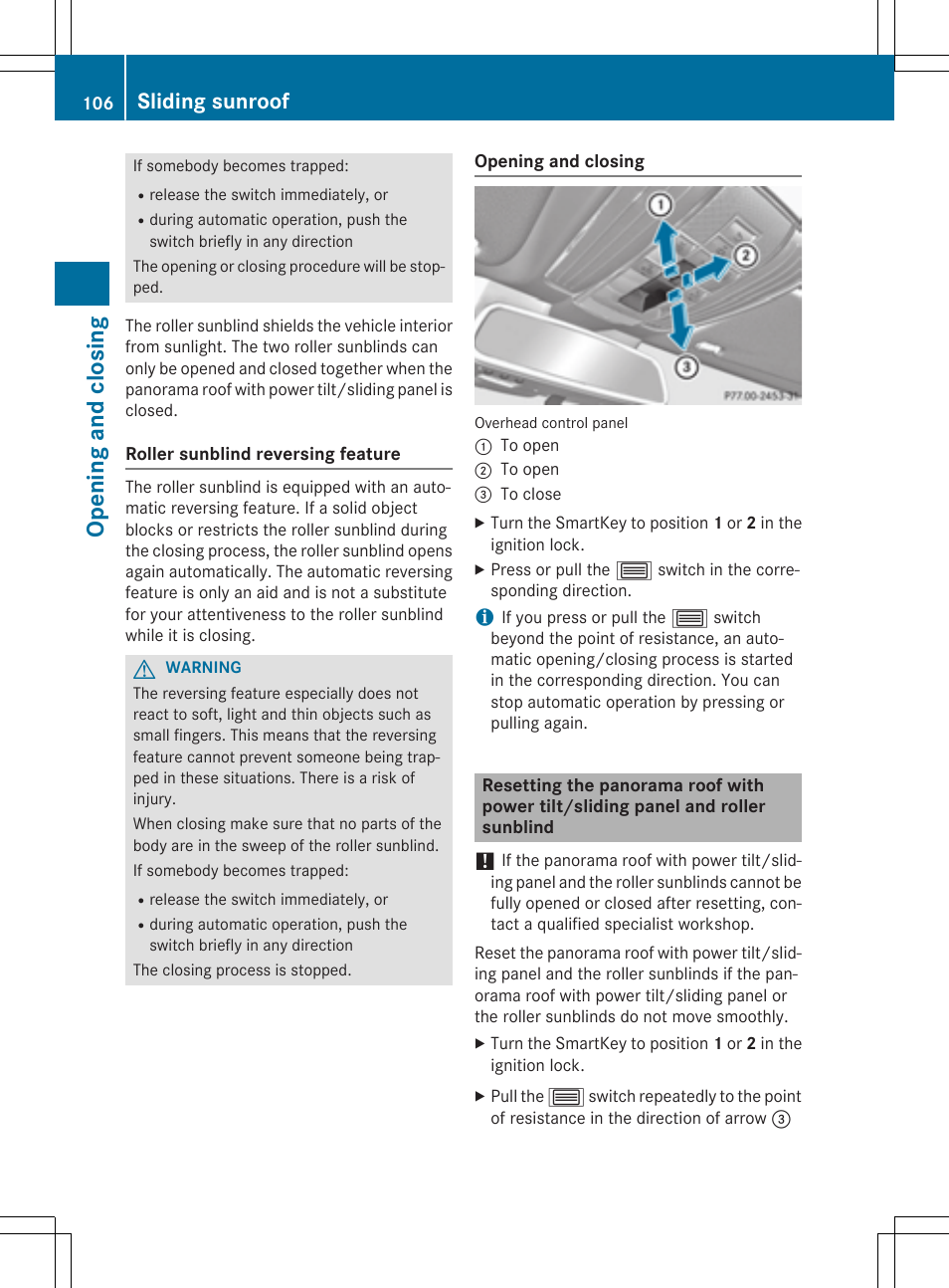 Opening and closing, Sliding sunroof | Mercedes-Benz E-Wagon 2015 User Manual | Page 108 / 426