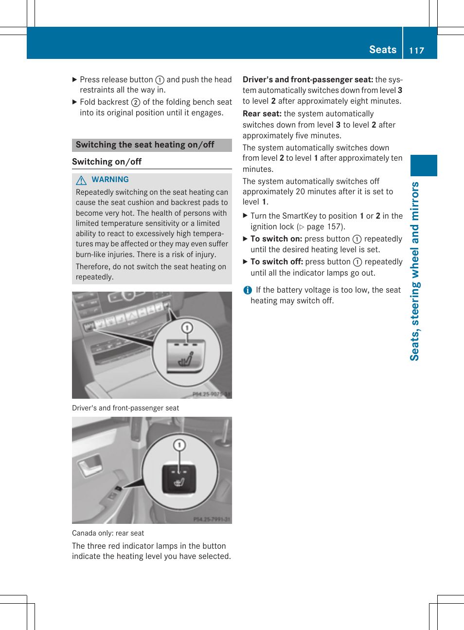 Seats, steering wheel and mirrors, Seats | Mercedes-Benz E-Wagon 2015 User Manual | Page 119 / 426