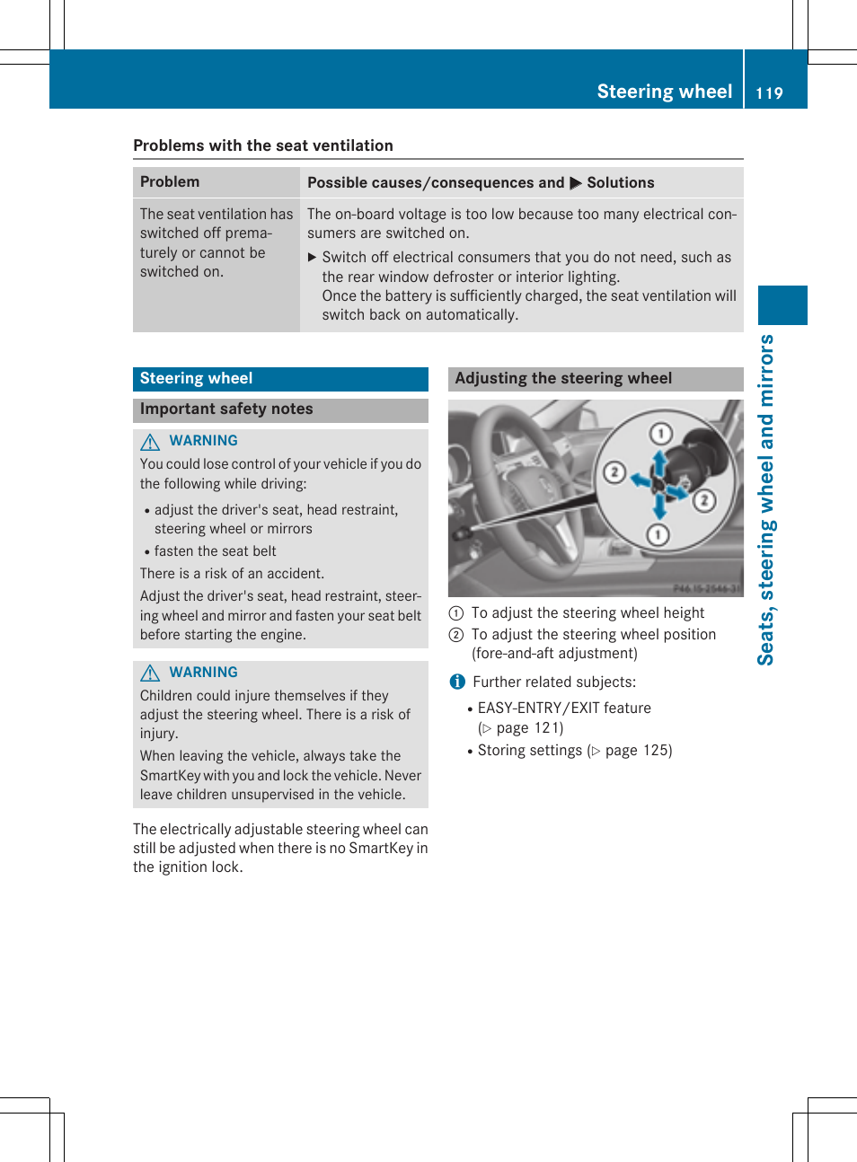 Seats, steering wheel and mirrors, Steering wheel | Mercedes-Benz E-Wagon 2015 User Manual | Page 121 / 426