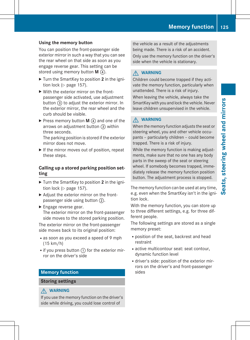 Seat s, steer ing wheel and mir ror s | Mercedes-Benz E-Wagon 2015 User Manual | Page 127 / 426