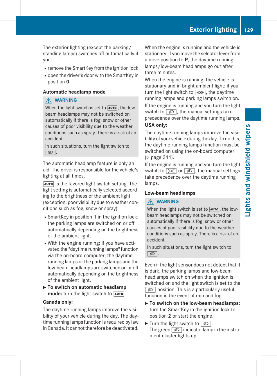 Lights and windshield wipers, Exterior lighting | Mercedes-Benz E-Wagon 2015 User Manual | Page 131 / 426