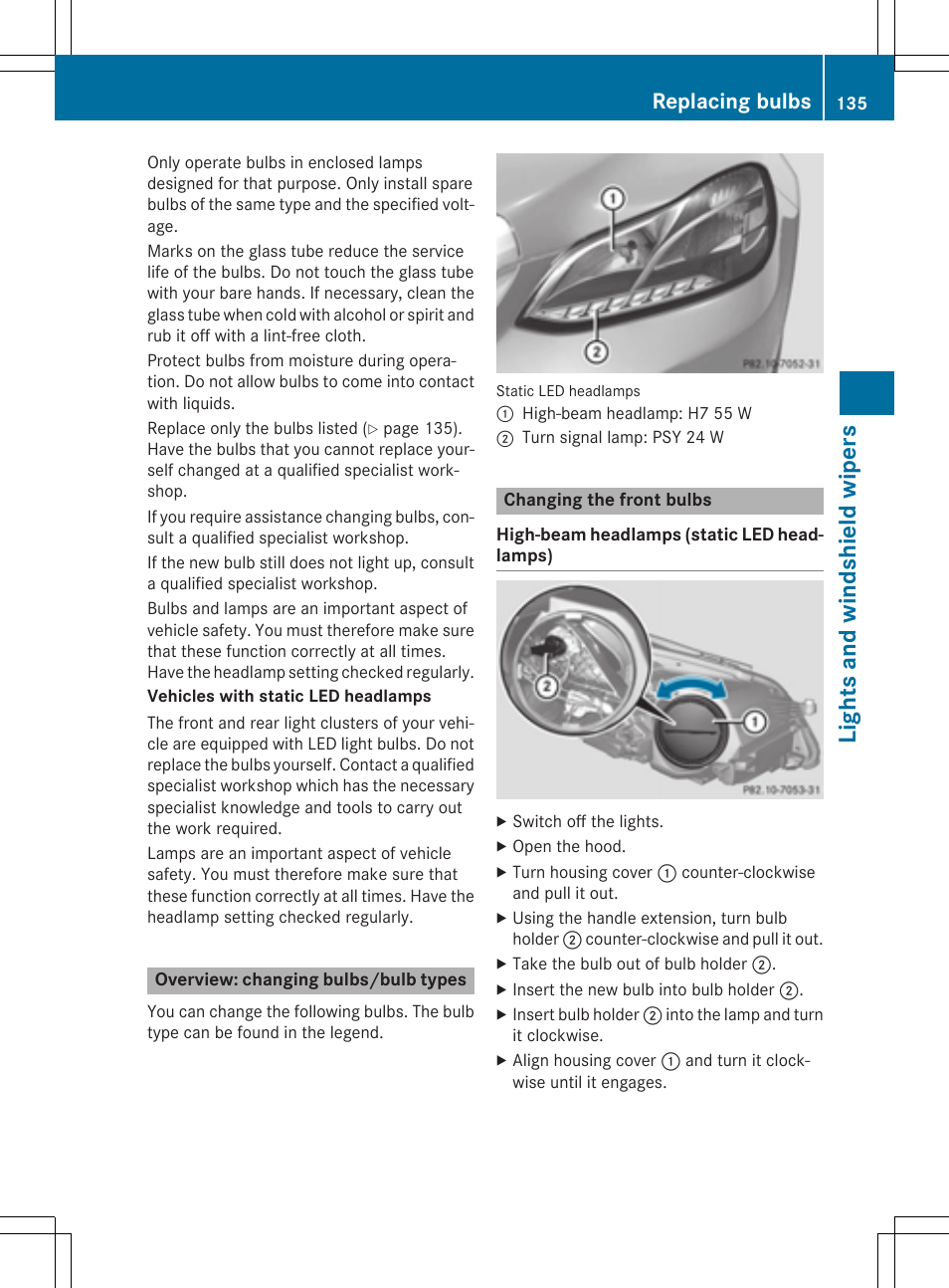 Lights and windshield wipers, Replacing bulbs | Mercedes-Benz E-Wagon 2015 User Manual | Page 137 / 426