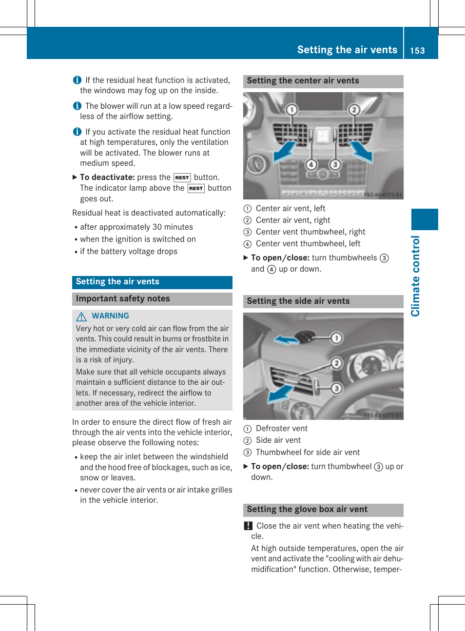 Climate control, Setting the air vents | Mercedes-Benz E-Wagon 2015 User Manual | Page 155 / 426