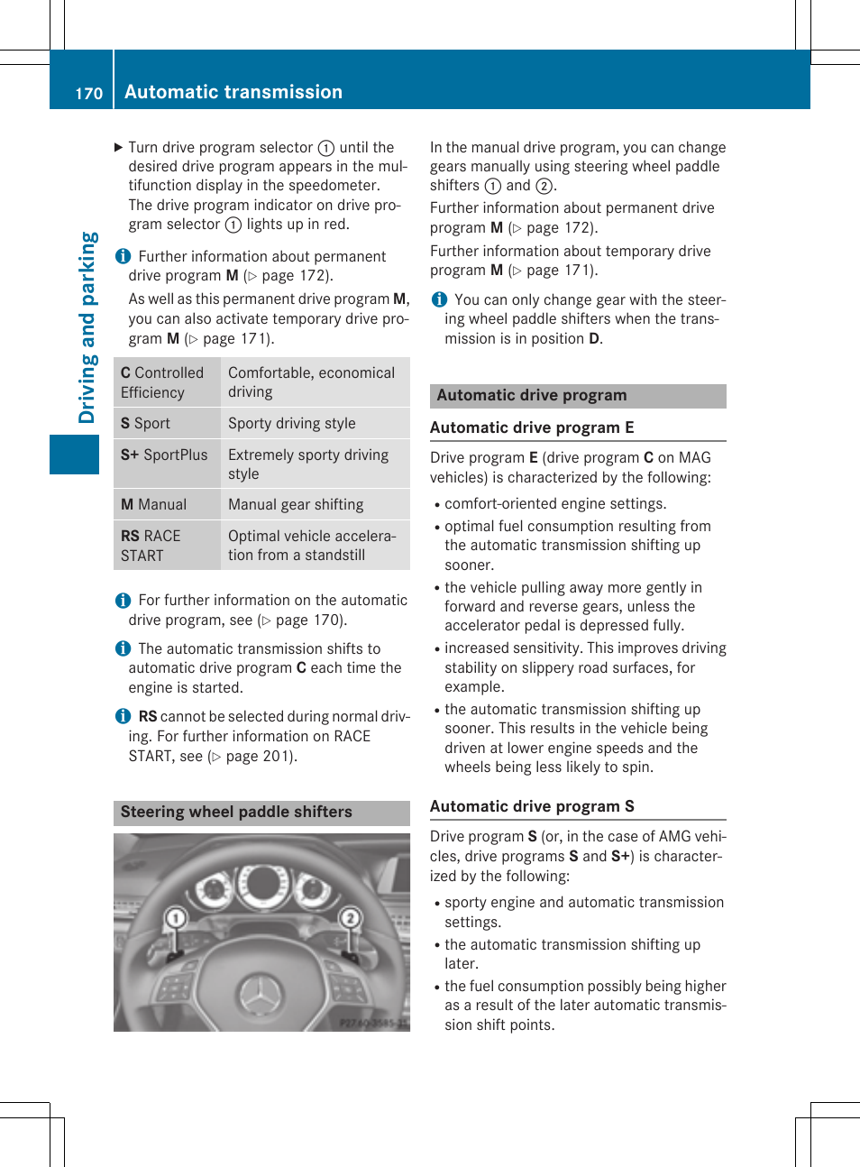 Driving and parking, Automatic transmission | Mercedes-Benz E-Wagon 2015 User Manual | Page 172 / 426