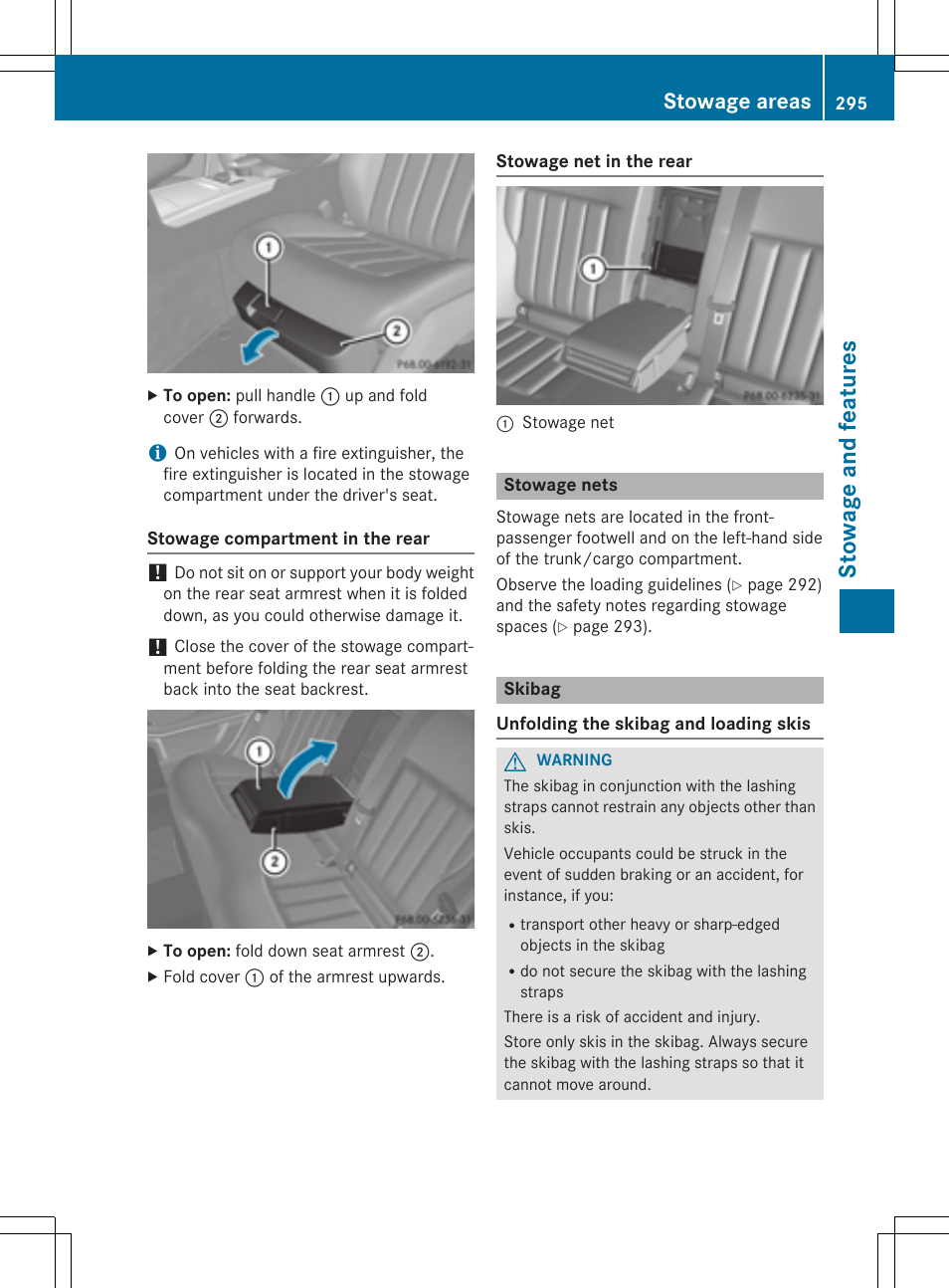 Sto wag e an d fe ature s, Stowage areas | Mercedes-Benz E-Wagon 2015 User Manual | Page 297 / 426