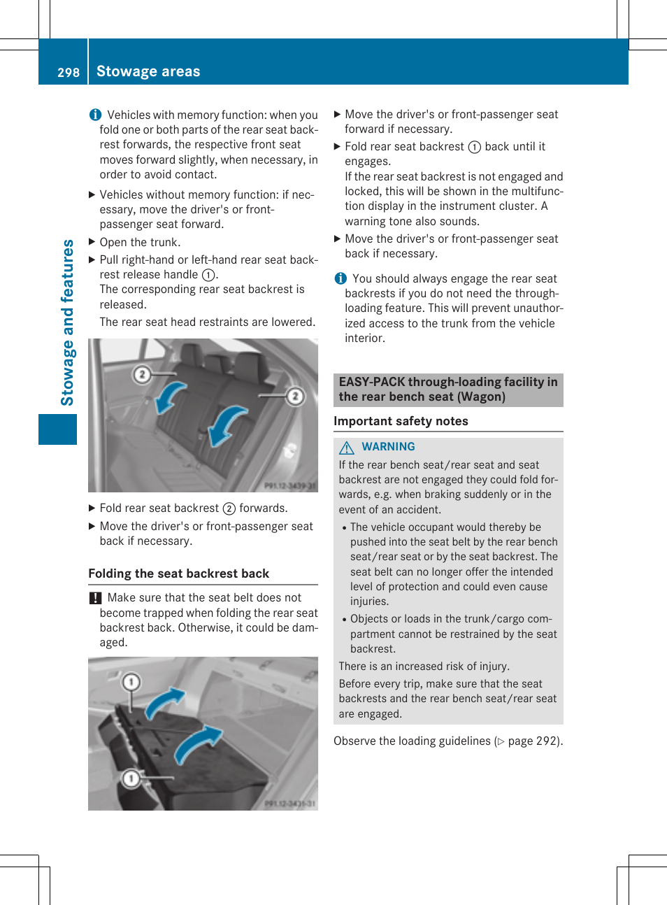 Stowage and features, Stowage areas | Mercedes-Benz E-Wagon 2015 User Manual | Page 300 / 426