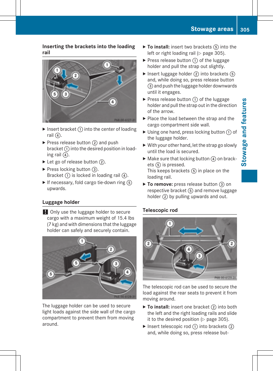 St owage and fea tu re s, Stowage areas | Mercedes-Benz E-Wagon 2015 User Manual | Page 307 / 426