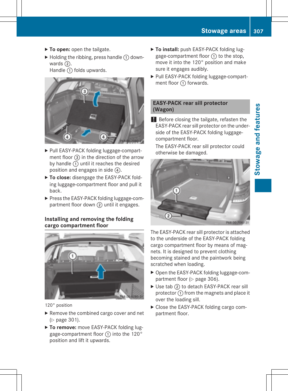 Sto wag e an d fe ature s, Stowage areas | Mercedes-Benz E-Wagon 2015 User Manual | Page 309 / 426