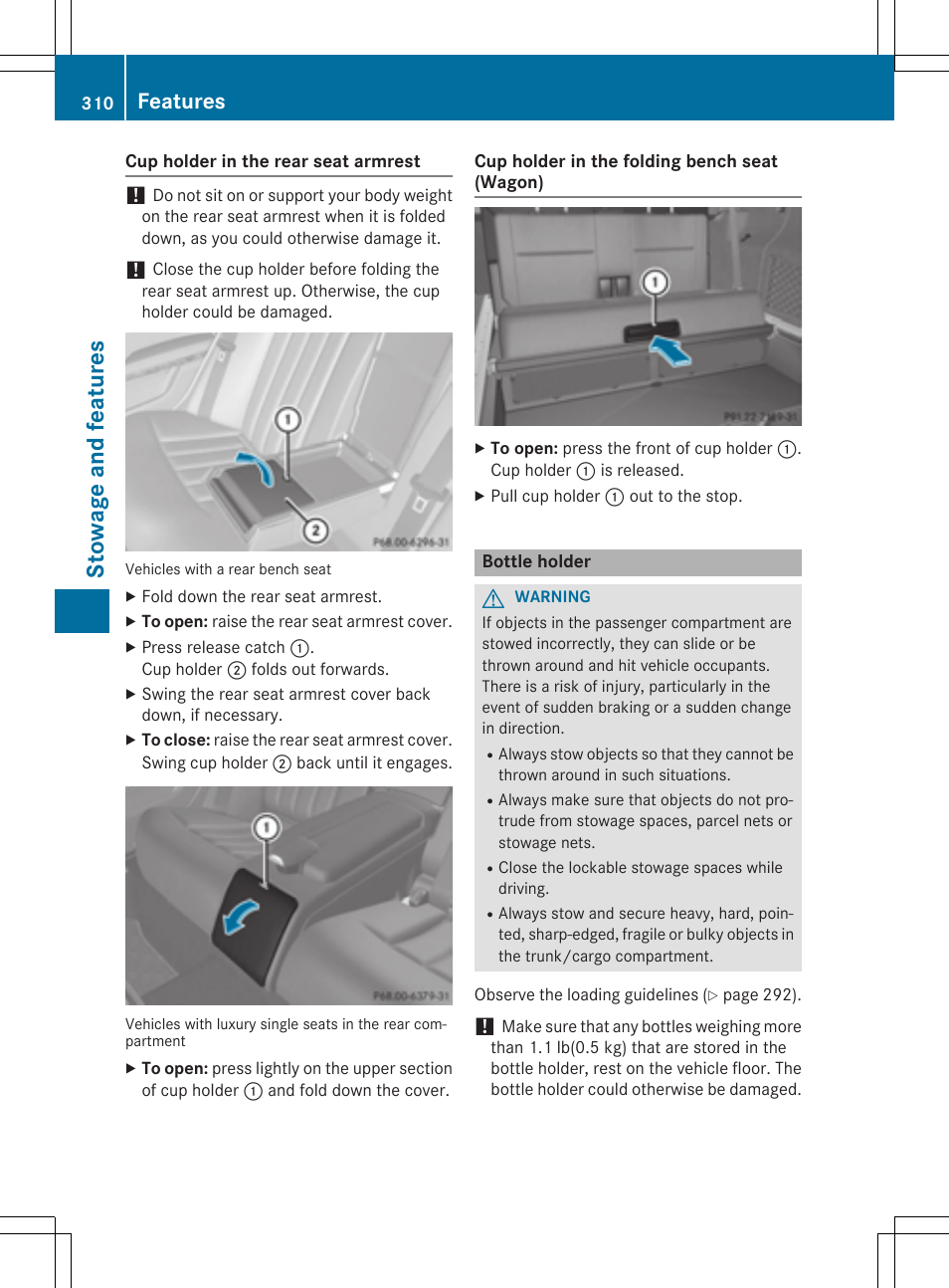 St owage and fea tu res, Features | Mercedes-Benz E-Wagon 2015 User Manual | Page 312 / 426