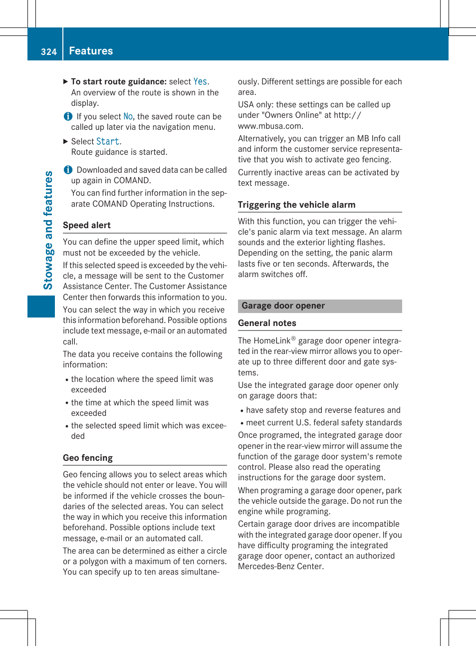 Sto wag e an d fe ature s, Features | Mercedes-Benz E-Wagon 2015 User Manual | Page 326 / 426