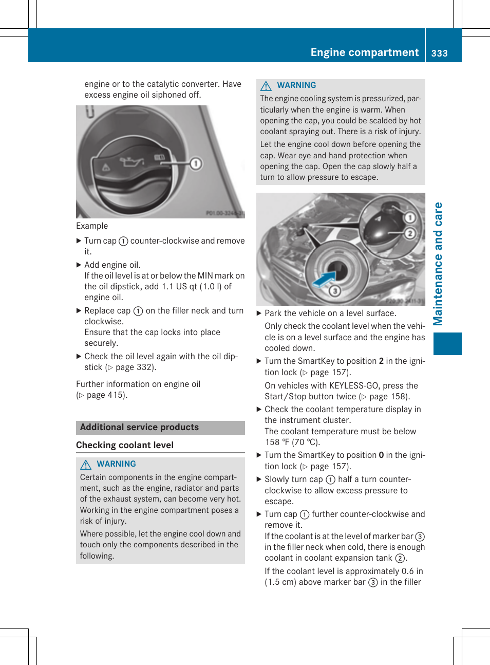 Maintenance and care, Engine compartment | Mercedes-Benz E-Wagon 2015 User Manual | Page 335 / 426