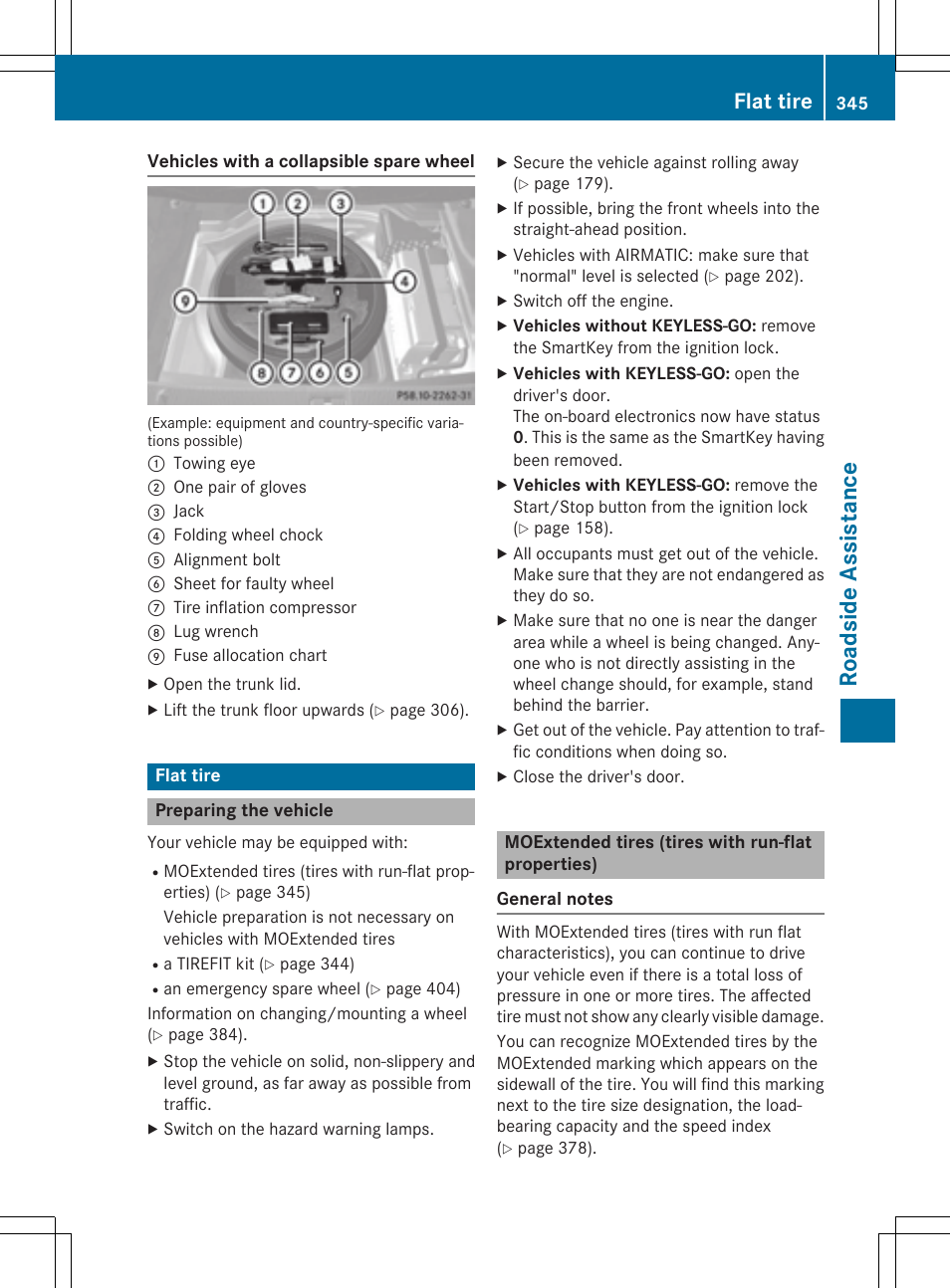 Roads ide as si stan ce, Flat tire | Mercedes-Benz E-Wagon 2015 User Manual | Page 347 / 426