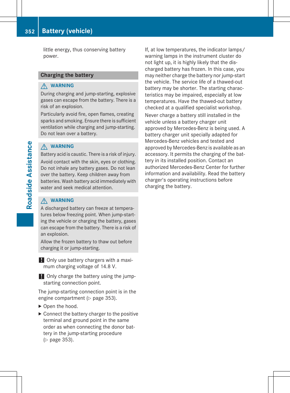 Roa dsid e assista nce, Battery (vehicle) | Mercedes-Benz E-Wagon 2015 User Manual | Page 354 / 426