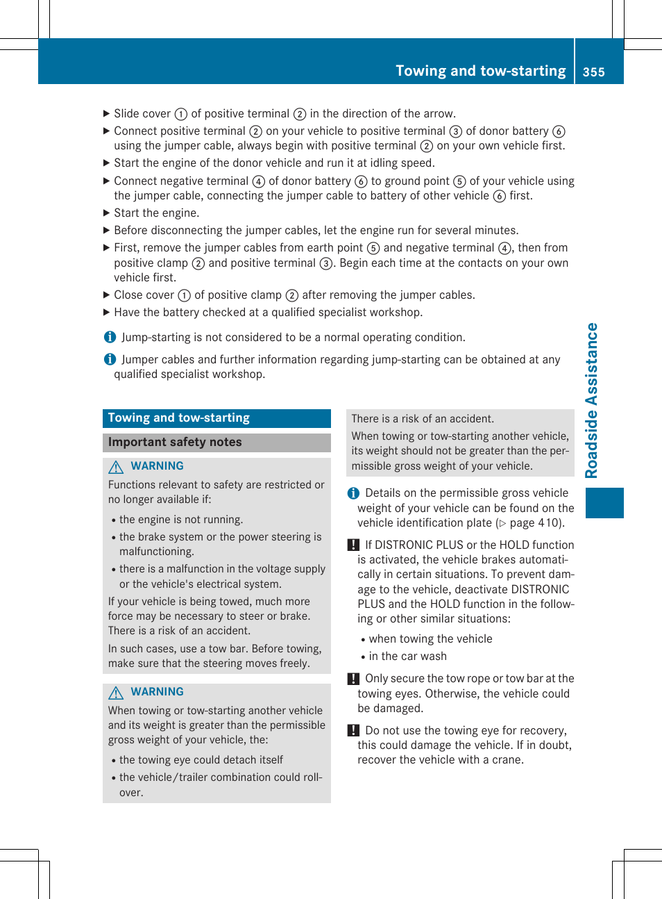 Roads ide as si stanc e, Towing and tow-starting | Mercedes-Benz E-Wagon 2015 User Manual | Page 357 / 426