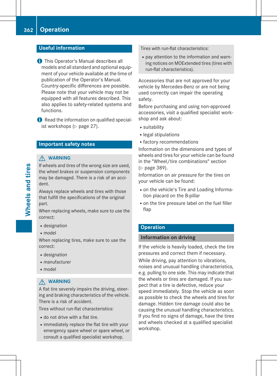 Wheels and tires, Operation | Mercedes-Benz E-Wagon 2015 User Manual | Page 364 / 426