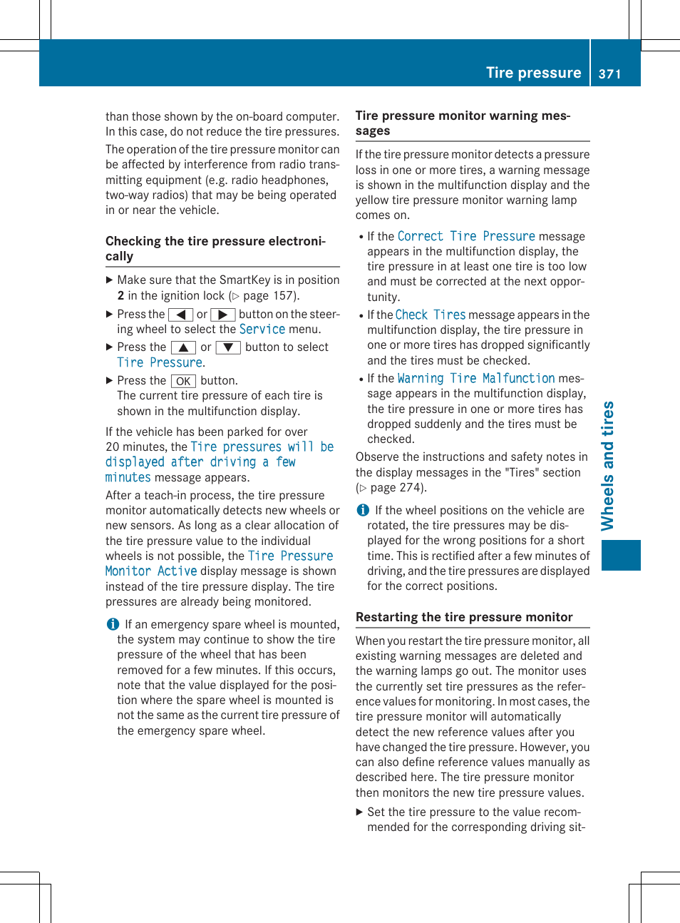 Whe el s and tire s, Tire pressure | Mercedes-Benz E-Wagon 2015 User Manual | Page 373 / 426