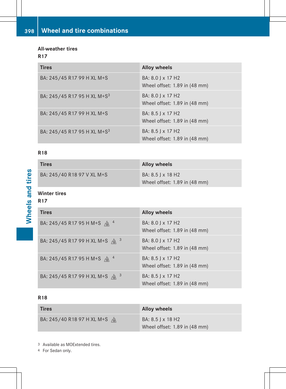 Wh eels and tire s, Wheel and tire combinations | Mercedes-Benz E-Wagon 2015 User Manual | Page 400 / 426