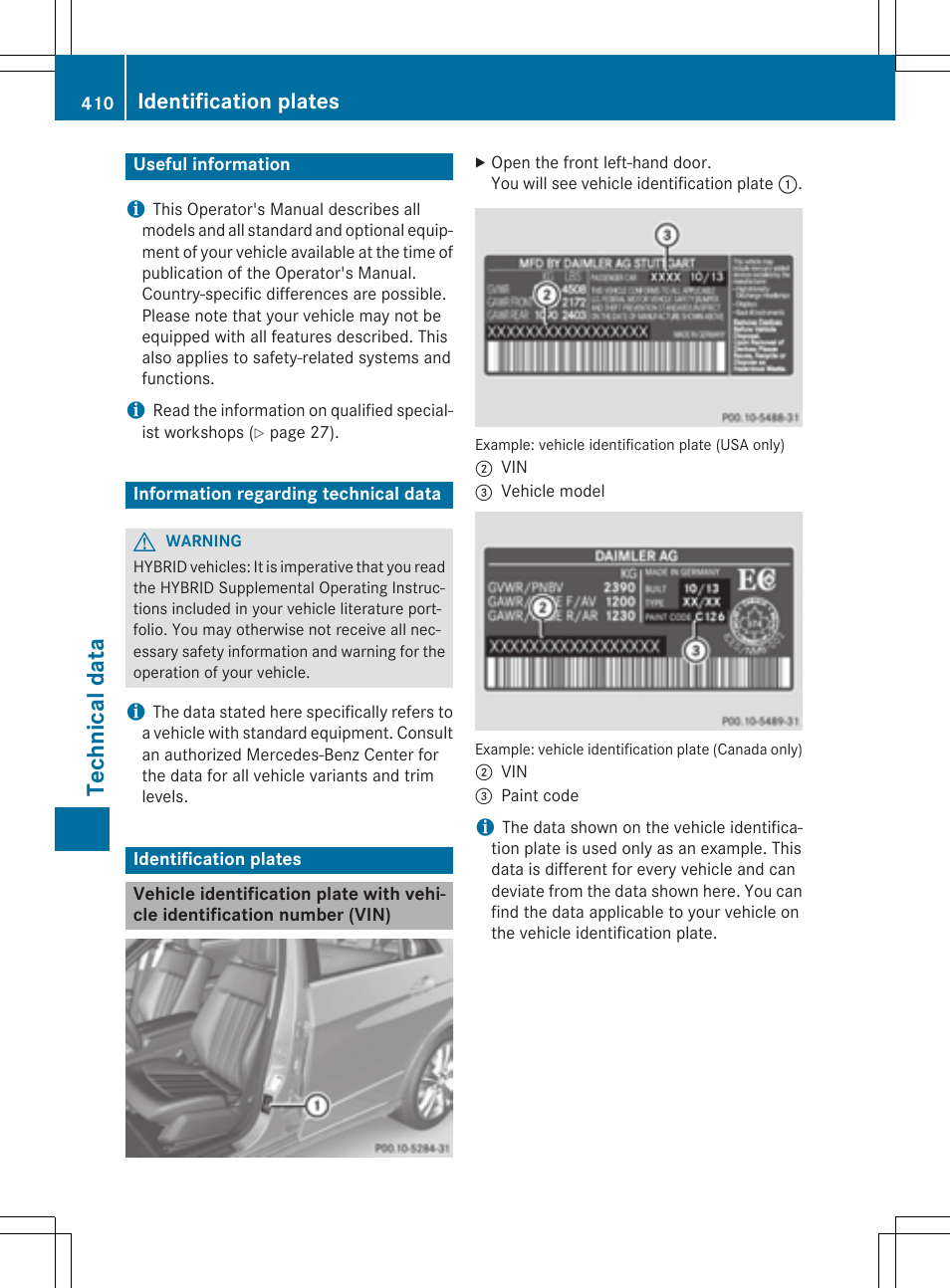 Technical data, Identification plates | Mercedes-Benz E-Wagon 2015 User Manual | Page 412 / 426