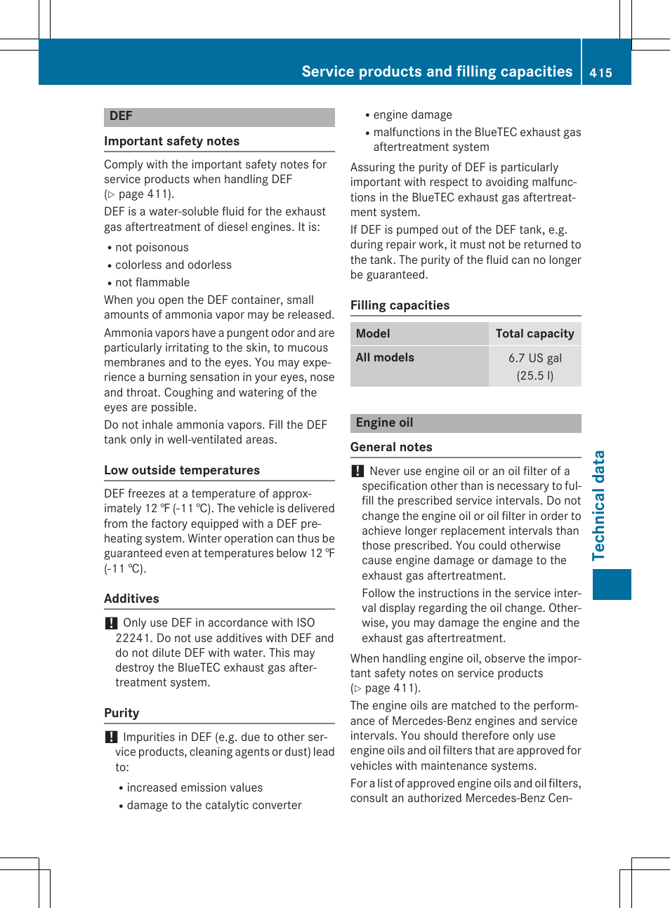 Tec hni ca ldata, Service products and filling capacities | Mercedes-Benz E-Wagon 2015 User Manual | Page 417 / 426