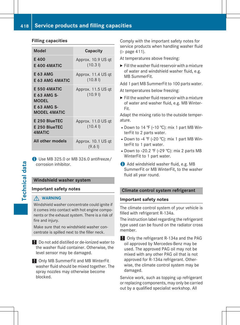 Technic al data, Service products and filling capacities | Mercedes-Benz E-Wagon 2015 User Manual | Page 420 / 426