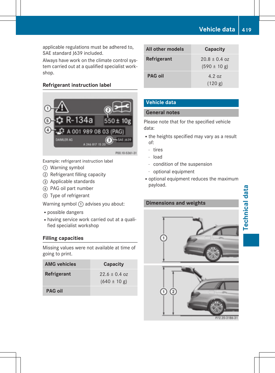 Tec hni ca ldata, Vehicle data | Mercedes-Benz E-Wagon 2015 User Manual | Page 421 / 426