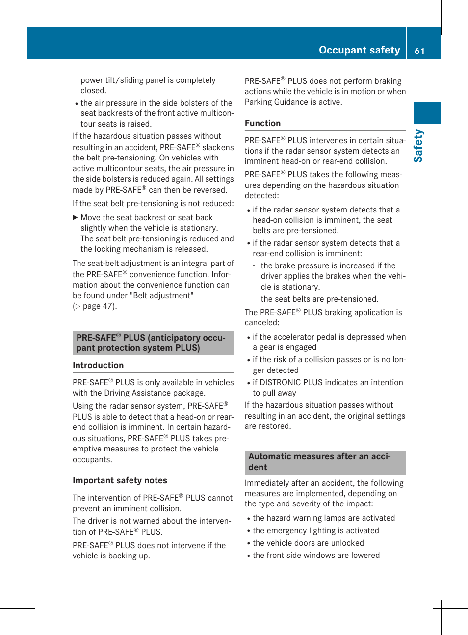 Safet y, Occupant safety | Mercedes-Benz E-Wagon 2015 User Manual | Page 63 / 426