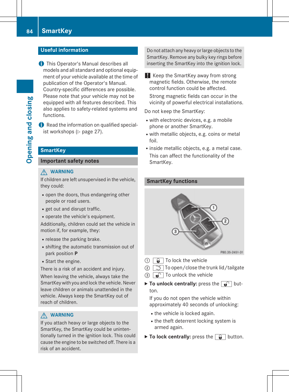 Opening and closing, Smartkey | Mercedes-Benz E-Wagon 2015 User Manual | Page 86 / 426