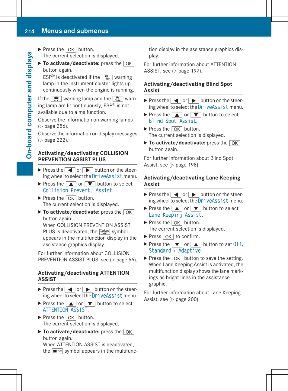 On-board comput er and display s, Menus and submenus | Mercedes-Benz GLA-Class 2015 Owners Manual User Manual | Page 216 / 374