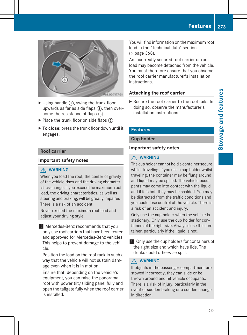 Stowage and features, Features | Mercedes-Benz GLA-Class 2015 Owners Manual User Manual | Page 275 / 374