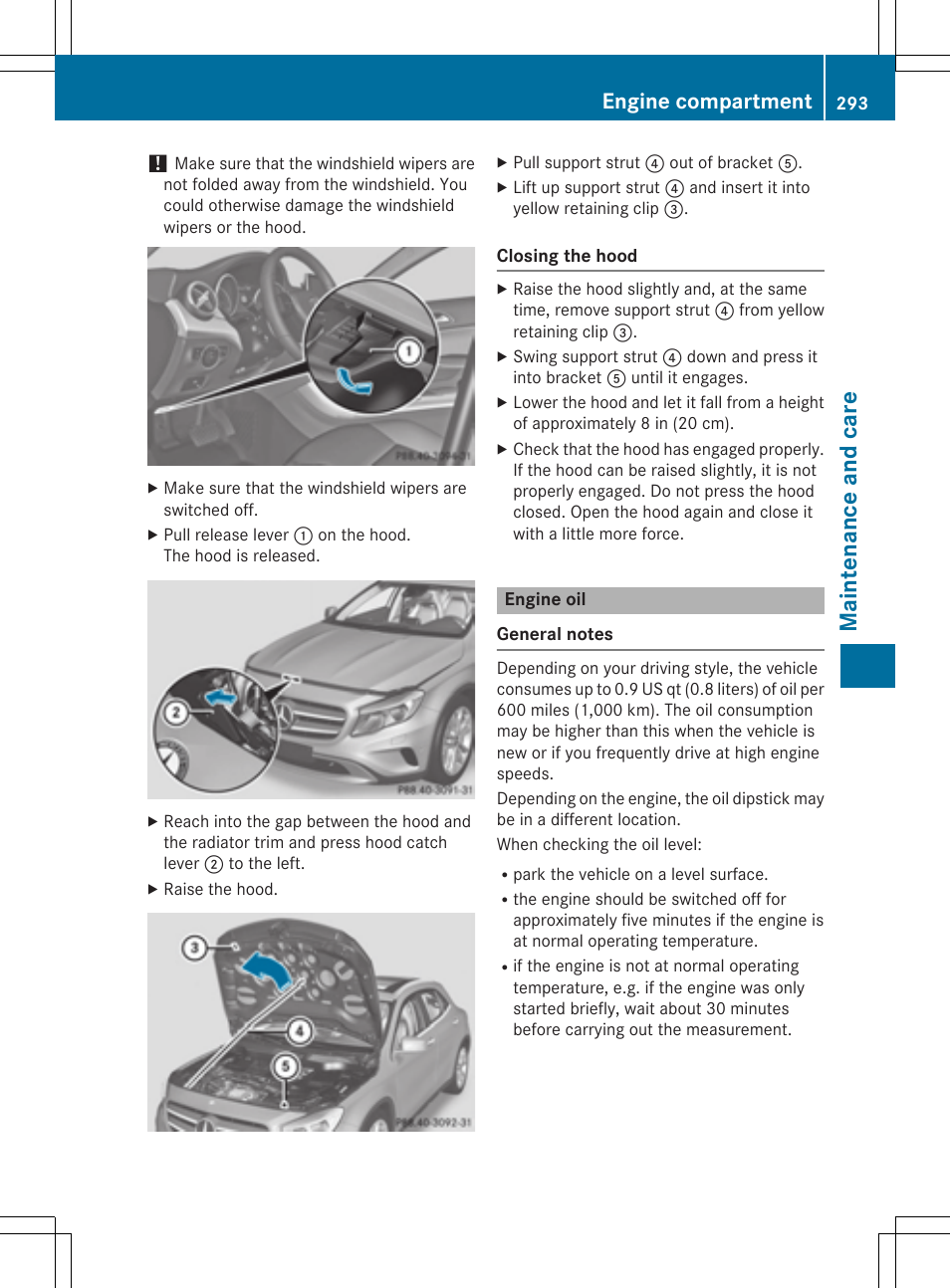 Maintenance and care, Engine compartment | Mercedes-Benz GLA-Class 2015 Owners Manual User Manual | Page 295 / 374