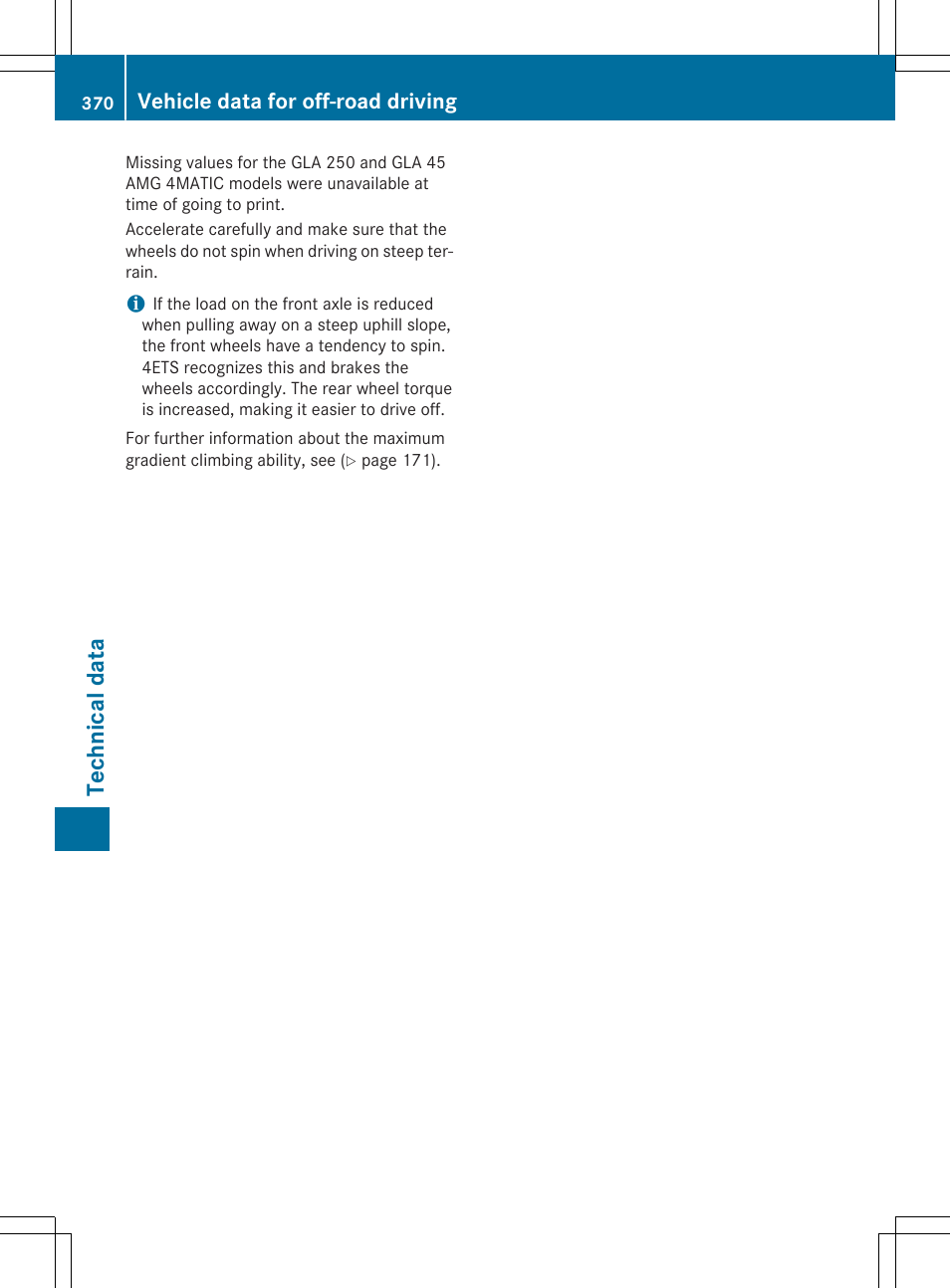 Technical data, Vehicle data for off-road driving | Mercedes-Benz GLA-Class 2015 Owners Manual User Manual | Page 372 / 374