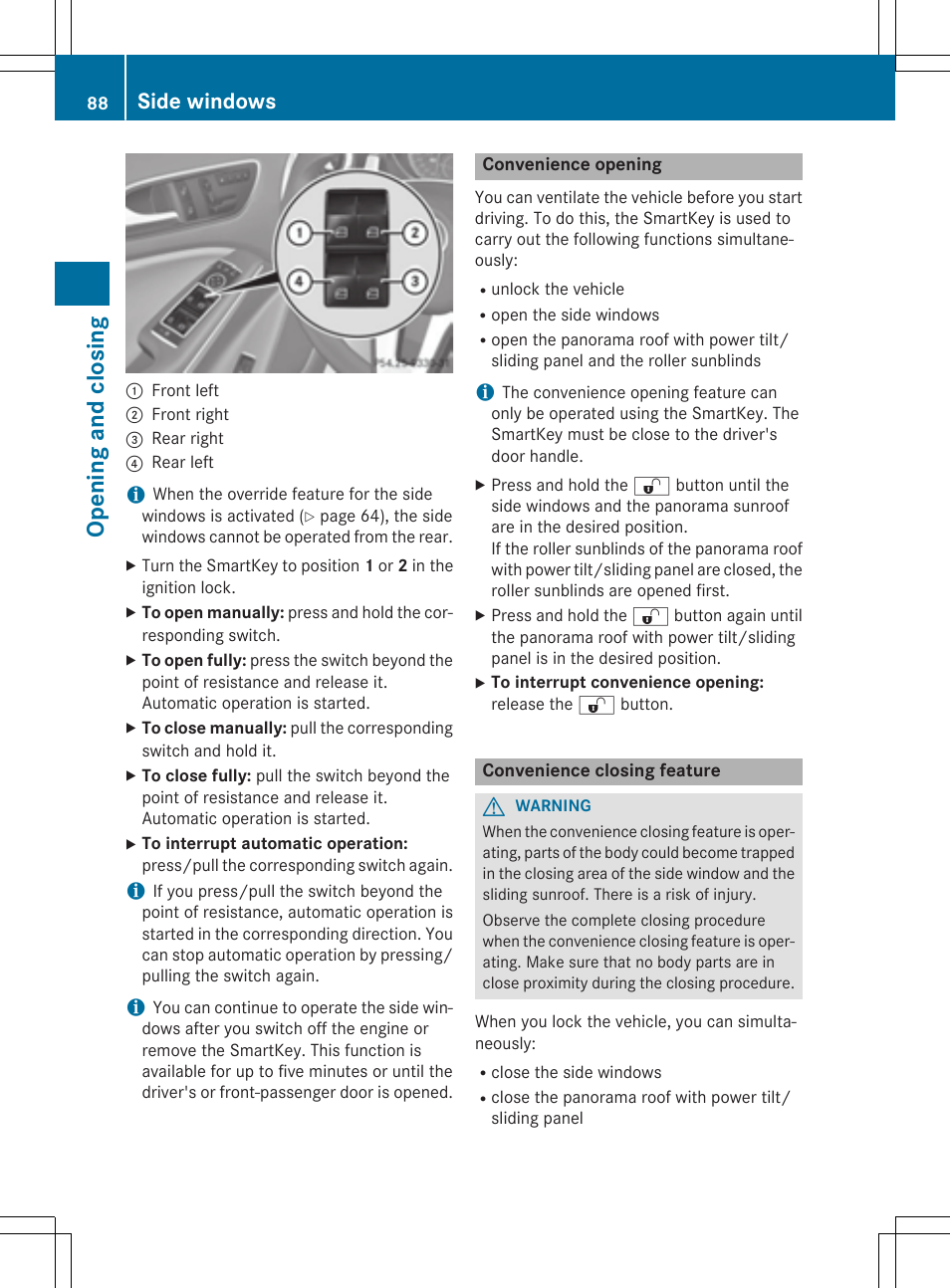 Ope ning and closing, Side windows | Mercedes-Benz GLA-Class 2015 Owners Manual User Manual | Page 90 / 374
