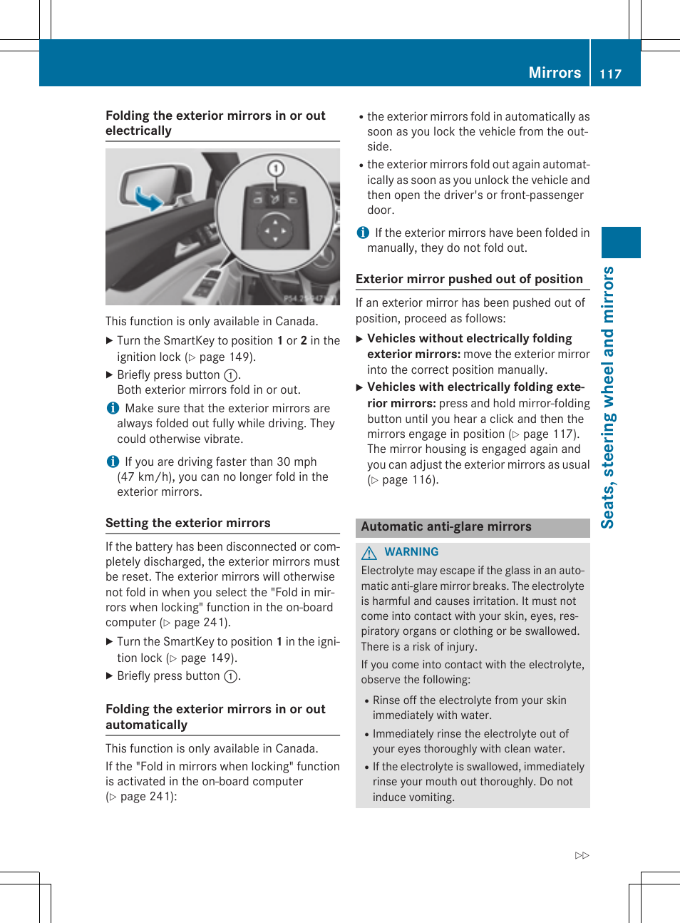 Seat s, steer ing wheel and mir ror s, Mirrors | Mercedes-Benz CLS-Class 2015 User Manual | Page 119 / 398