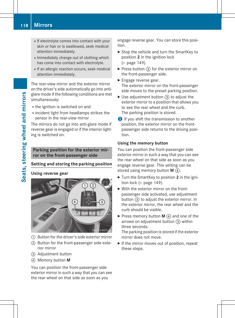 Seats, steering wheel and mirrors, Mirrors | Mercedes-Benz CLS-Class 2015 User Manual | Page 120 / 398