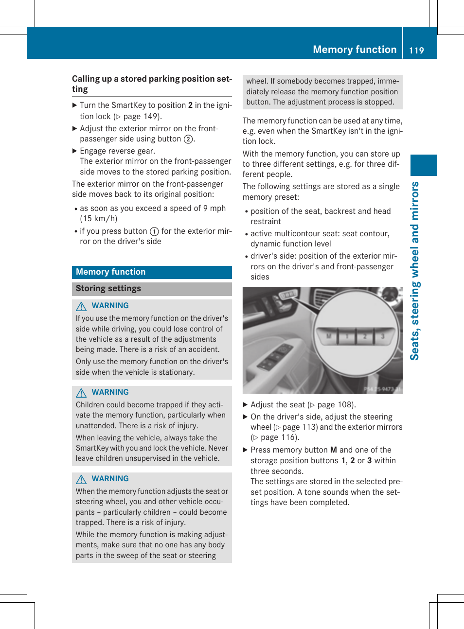 Seat s, st eerin g wheel and mirro rs | Mercedes-Benz CLS-Class 2015 User Manual | Page 121 / 398