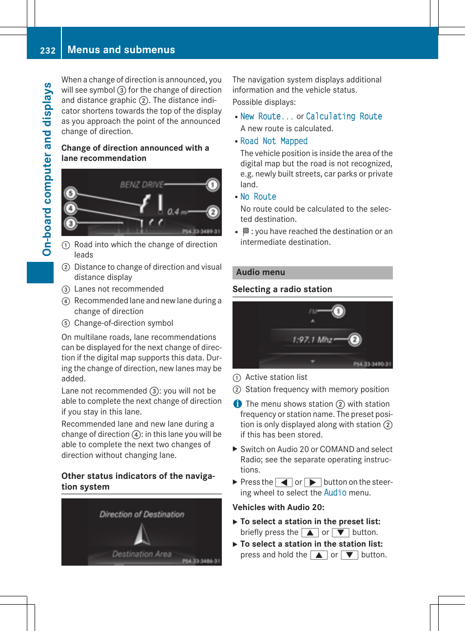 On-boar d comput er and displa ys, Menus and submenus | Mercedes-Benz CLS-Class 2015 User Manual | Page 234 / 398