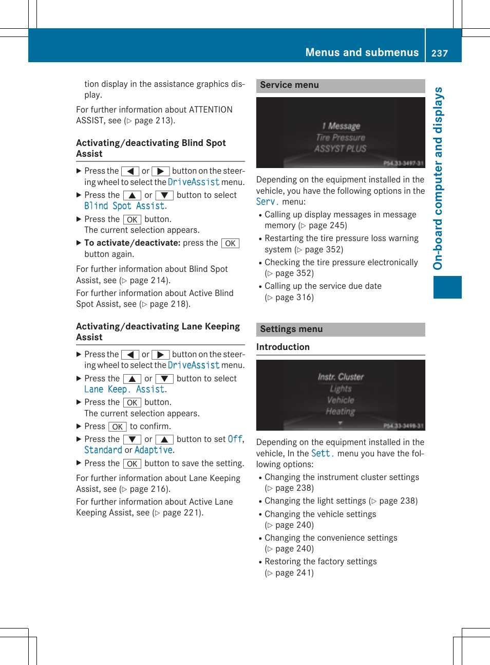 On -bo ard co mputer and dis play s, Menus and submenus | Mercedes-Benz CLS-Class 2015 User Manual | Page 239 / 398