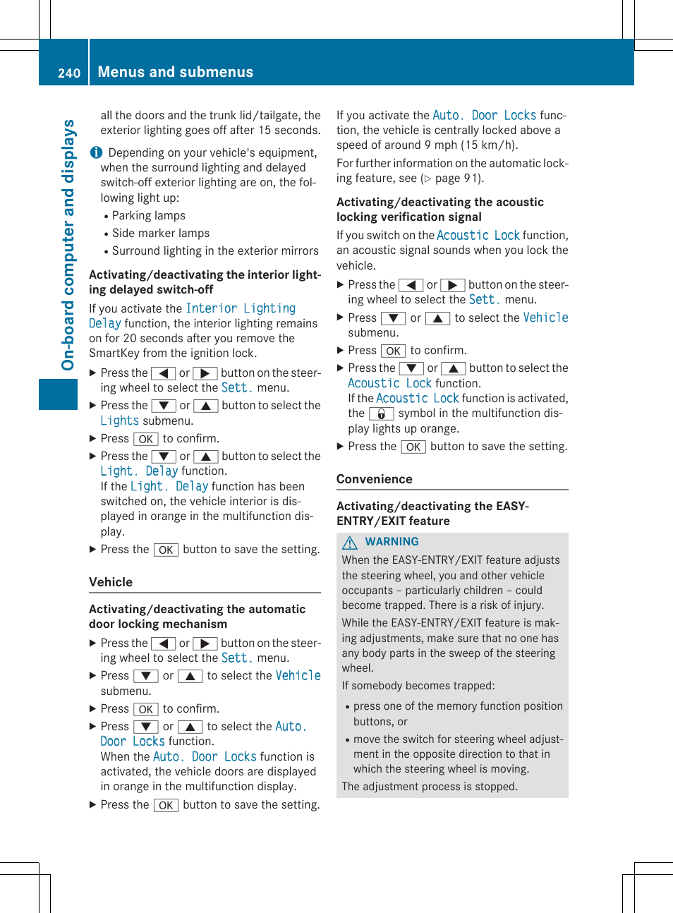 On- boar d comp ut er and dis pla ys, Menus and submenus | Mercedes-Benz CLS-Class 2015 User Manual | Page 242 / 398