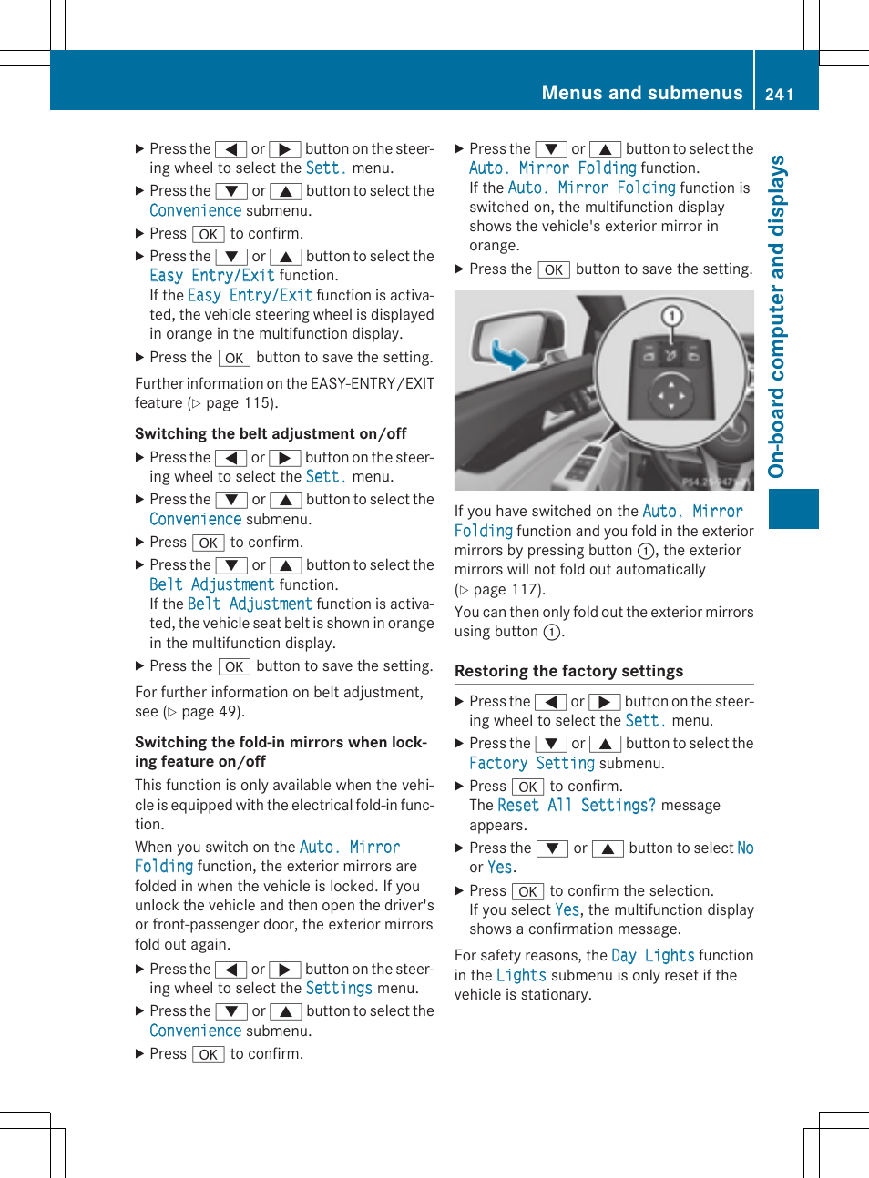 On-board comput er and display s, Menus and submenus | Mercedes-Benz CLS-Class 2015 User Manual | Page 243 / 398