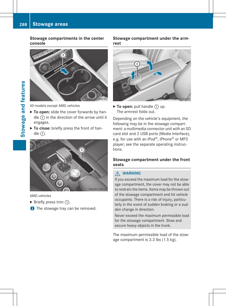 Stowage and features, Stowage areas | Mercedes-Benz CLS-Class 2015 User Manual | Page 290 / 398