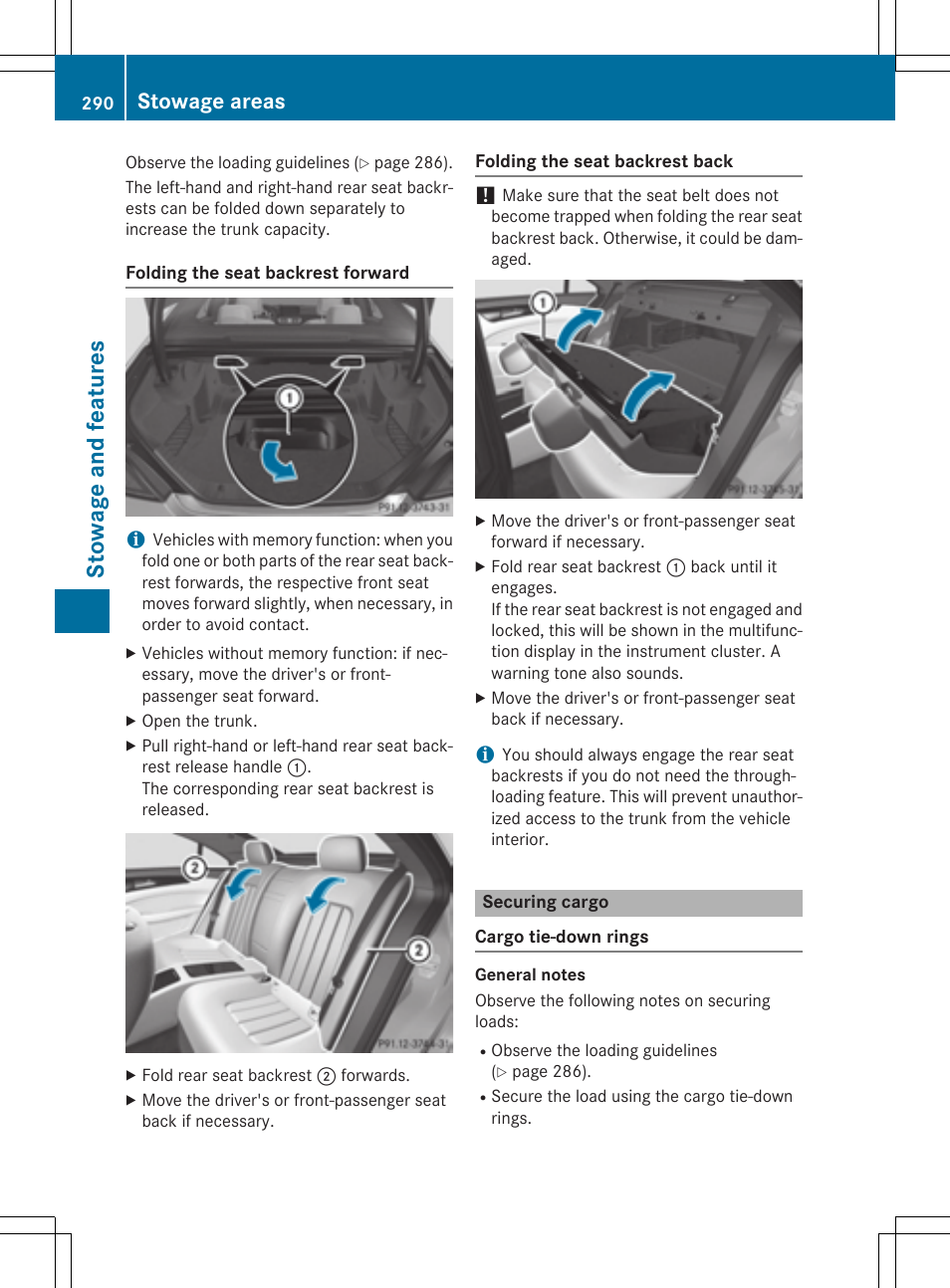 Stowage and features, Stowage areas | Mercedes-Benz CLS-Class 2015 User Manual | Page 292 / 398