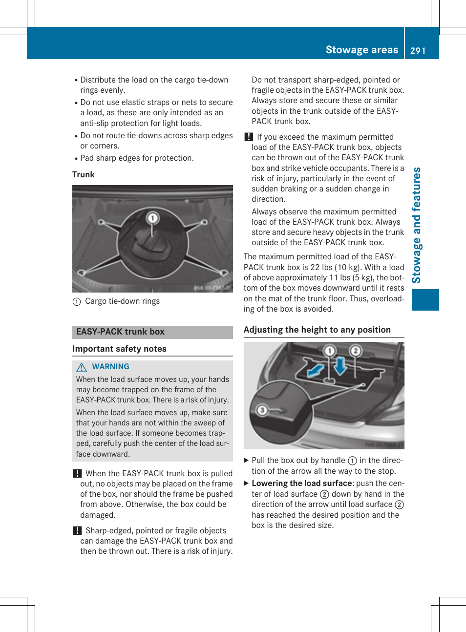 Stow age and features, Stowage areas | Mercedes-Benz CLS-Class 2015 User Manual | Page 293 / 398