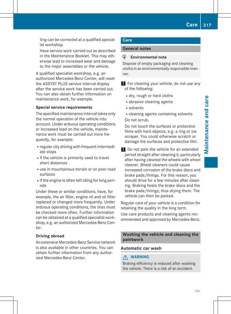 Mai nte nan ce and ca re, Care | Mercedes-Benz CLS-Class 2015 User Manual | Page 319 / 398