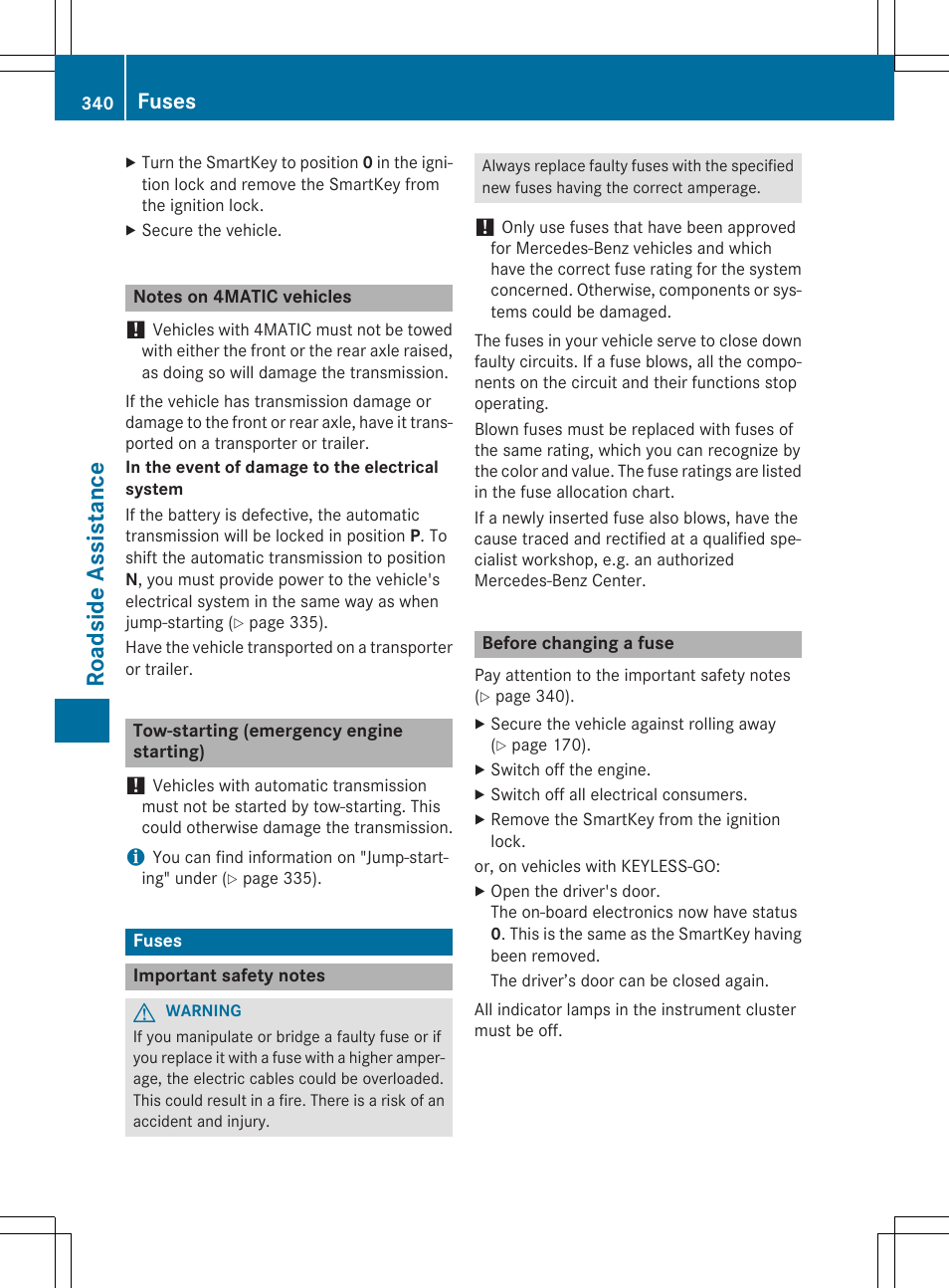 Roadside assistance, Fuses | Mercedes-Benz CLS-Class 2015 User Manual | Page 342 / 398