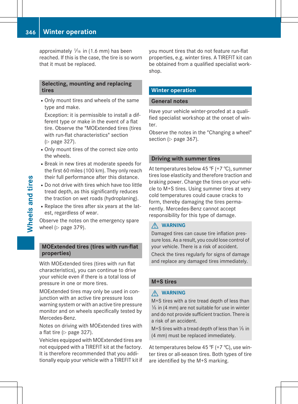 Whee ls and tires, Winter operation | Mercedes-Benz CLS-Class 2015 User Manual | Page 348 / 398