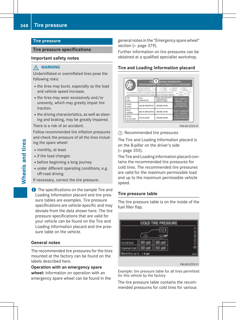 Whe el s and tire s, Tire pressure | Mercedes-Benz CLS-Class 2015 User Manual | Page 350 / 398