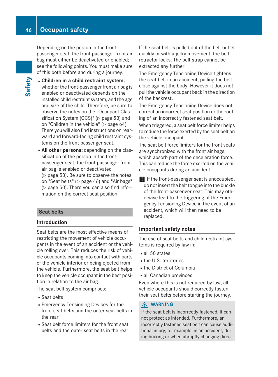 Safe ty, Occupant safety | Mercedes-Benz CLS-Class 2015 User Manual | Page 48 / 398