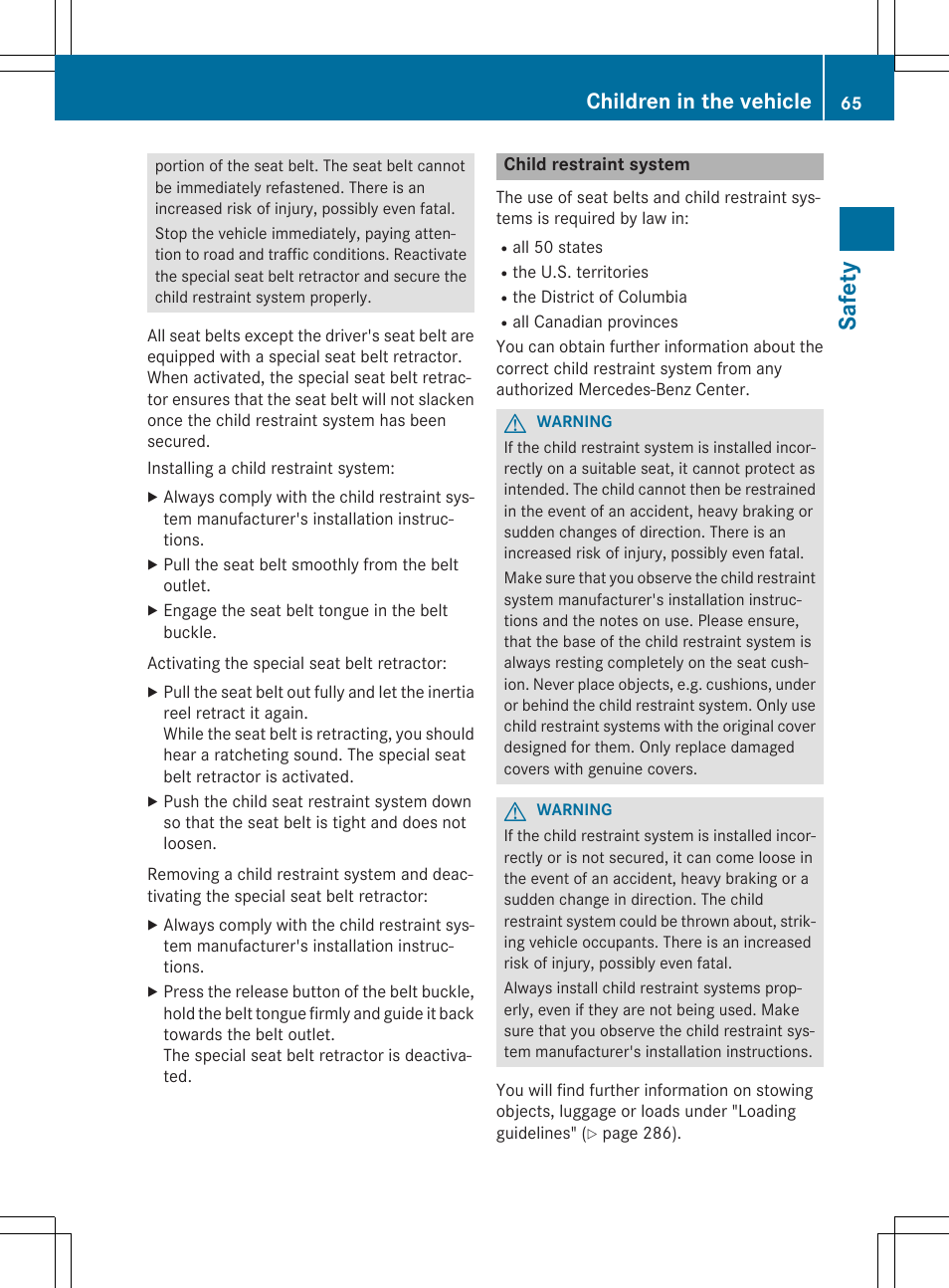 Safet y, Children in the vehicle | Mercedes-Benz CLS-Class 2015 User Manual | Page 67 / 398