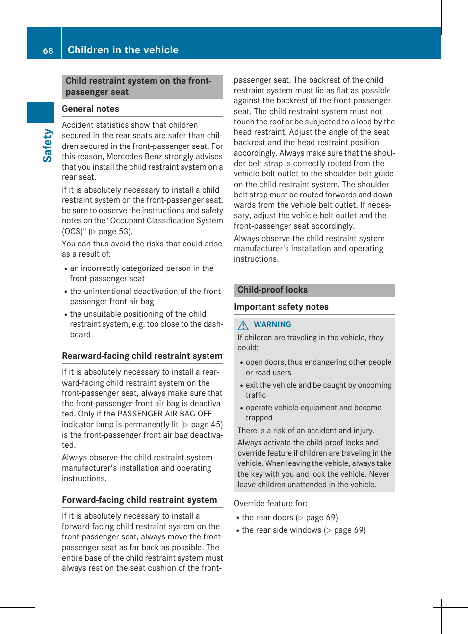 Saf ety, Children in the vehicle | Mercedes-Benz CLS-Class 2015 User Manual | Page 70 / 398